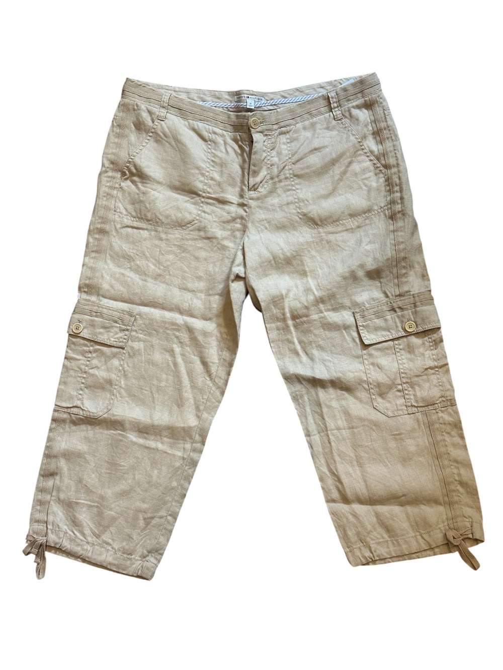 Tommy Hilfiger Women Mid Rise 100% Linen Cargo Capri Pants Beige Size 14 Summer
